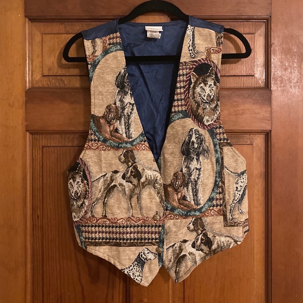 Backroad Blues Vest Womens L Tapestry Dog Print VTG V-Neck Waistcoat USA Dark